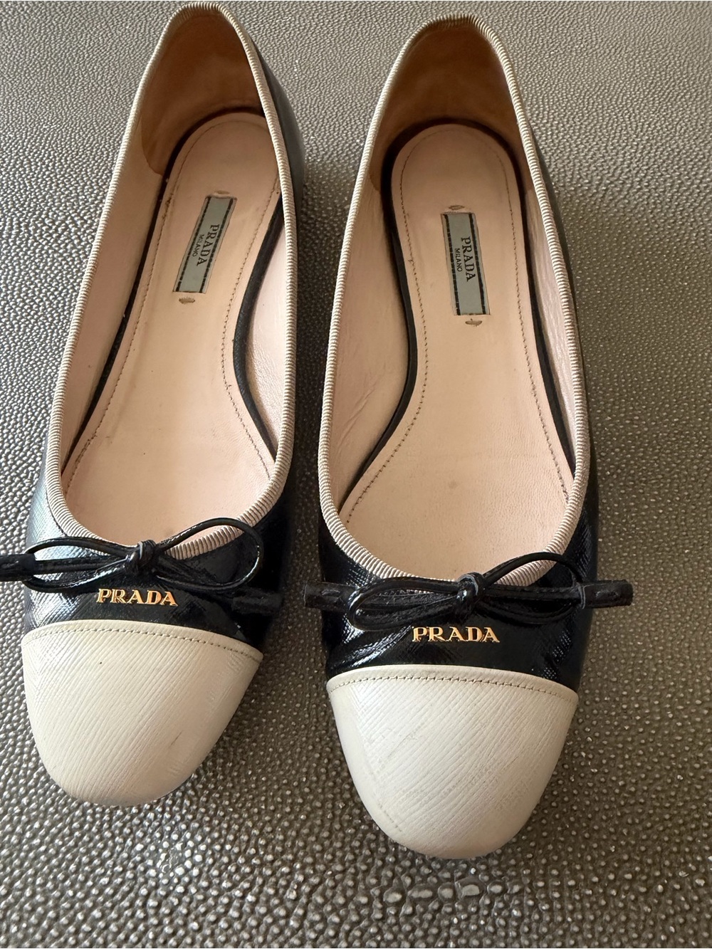 Prada Black and Cream Cap Toe Ballet Flats with Bow